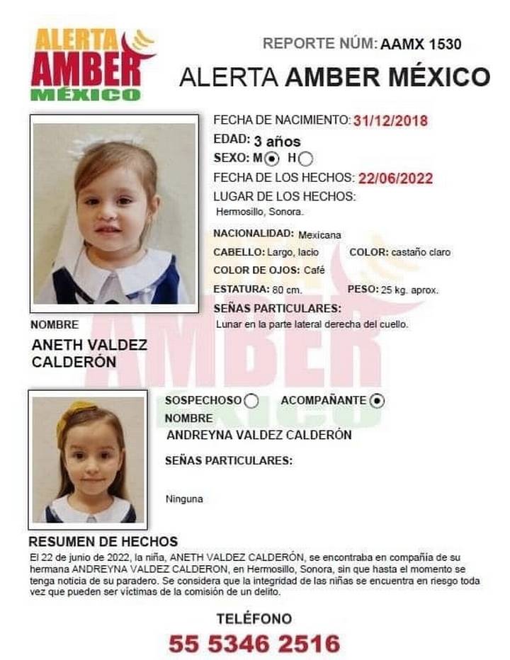 Alerta Amber México hermanitas Aneth y Andreyna Valdez Calderón